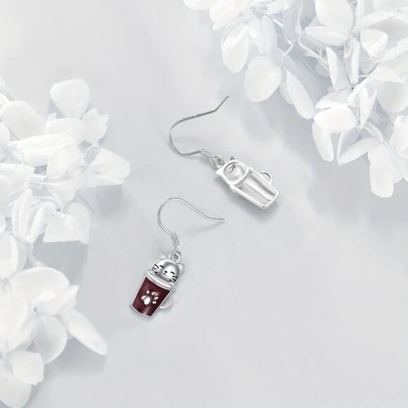 Cat Coffee Cup Earrings – Kawaii Teacup Paw Print Dangle Jewelry, New - Picture 7 of 12